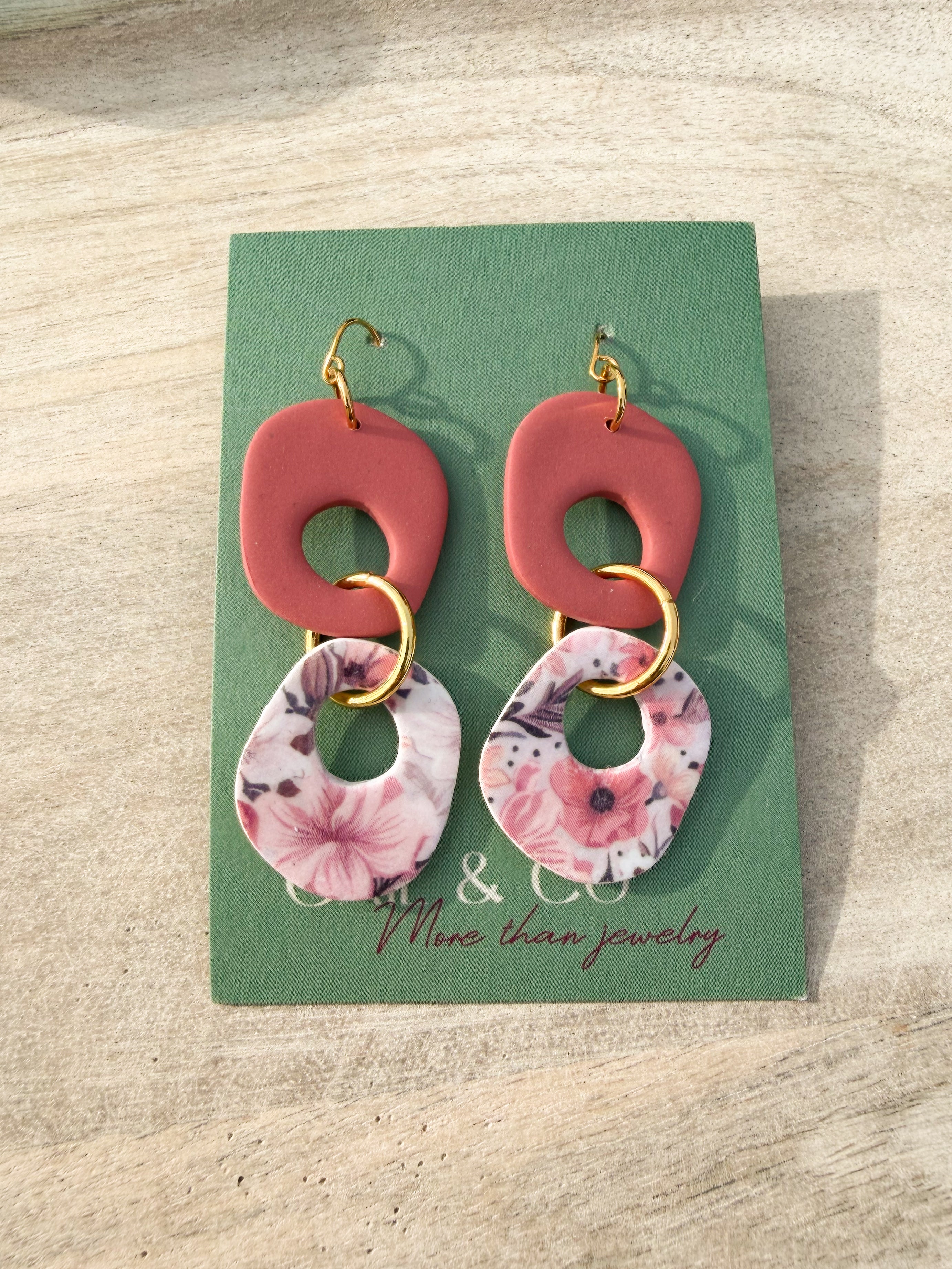 Floral/terracotta organic round earrings